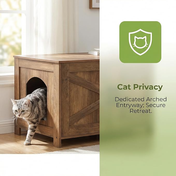 Homhedy 31.5" L Cat Litter Box Enclosure with Barn Door, Rustic Walnut | Wooden Cat Washroom Furniture, Cat House, Pet Storage Cabinet, Dog-Proof, Fit Most of Litter Box, Farmhouse Style