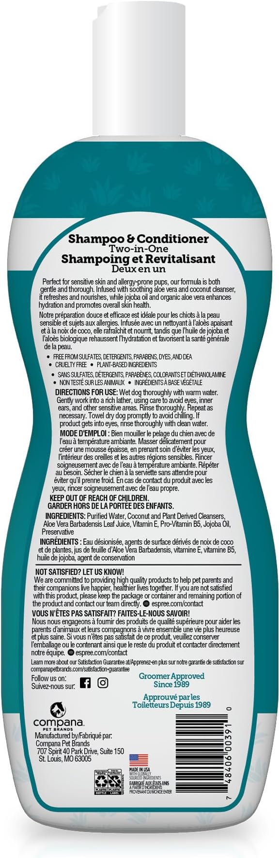 Espree Hypoallergenic Dog Shampoo & Conditioner, Sensitive Skin, 20oz | Professional Dog Grooming, Dog Grooming Supplies, Tearless Formula, Aloe Vera, Gentle Cleansing, Professional Salon Quality