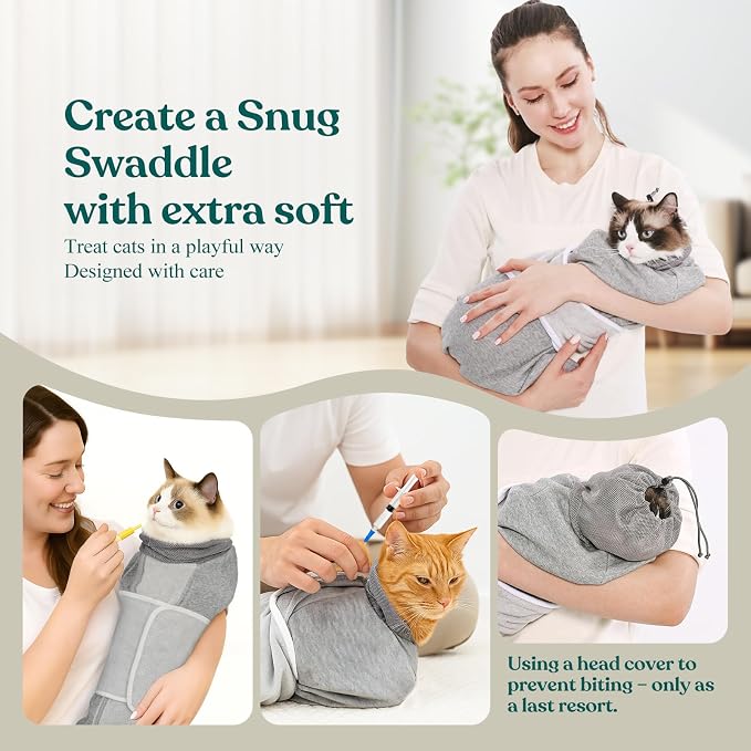 Supet Cat Grooming Wrap for Cutting Nails, Self-Adhesive Calm Cat Swaddle | Bite-Proof Mesh Hood & Thick Waist Strap Anti-Escape Anti-Scratch Bag for Nail Trimming, Medication, Ear Cleaning (Grey L)