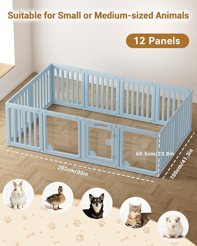 Acrylic Indoor Dog Playpen with Double Room, 24" H 12 Panels, Blue | Indoor & Outdoor Puppy Playpen with Heavy Duty Door Lock, Easy-Assembly&Clean Door Pet Fence for Dogs Puppy,Cats,Rabbits