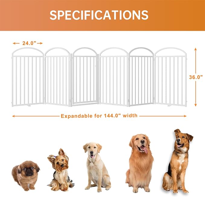 SNUOWU 6 Panels Full Matel Freestanding Dog Gates with Door, 144"Extra Wide 36"Tall Free Standing Dog Pet Gate for Indoor & Outdoor. Foldable Pet Fences for Doorways, House, Stairs, Porch, Deck, Yard