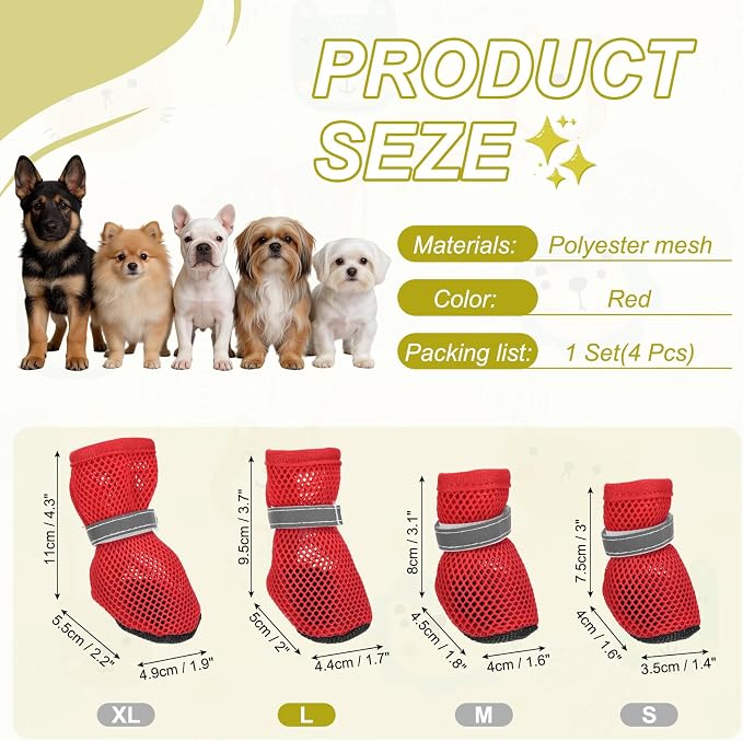 Dog Boots Paw Protector, Reflective Adjustable Non Slip Mesh Summer Breathable Dog Shoes Dog Walking Boots (L Size, Red, 4 Pcs) Intended for Paws Waterproof for Dogs/Cat/Puppy