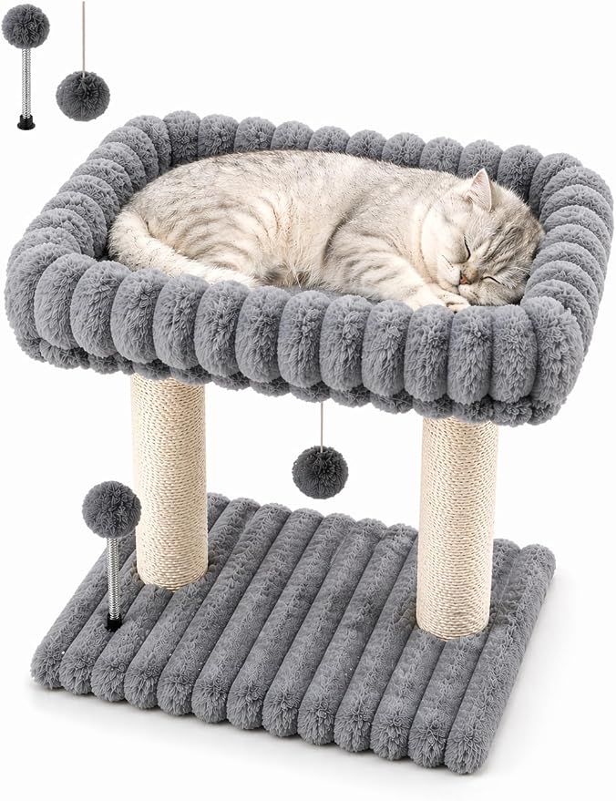 Small Cat Tree with Bed and Scratching Post for Indoor Cats｜Grey | Bedside Kitten Tower｜Space Saving ｜Large Soft Perch｜Sisal Scratcher｜19.7-Inch Tall｜Wide Base｜Replaceable Interactive Toys