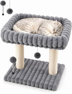 Small Cat Tree with Bed and Scratching Post for Indoor Cats｜Grey | Bedside Kitten Tower｜Space Saving ｜Large Soft Perch｜Sisal Scratcher｜19.7-Inch Tall｜Wide Base｜Replaceable Interactive Toys