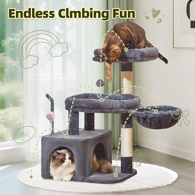 Taoqimiao 32.2in Cat Tree with Toy, Small Cat Tower for Indoor Cats, MS043G | Easy assembly, Sturdy, Multi Level, Easy Clean, Cozy Condo, Perches, Baskets, Suitable for Kittens and Adult Cats