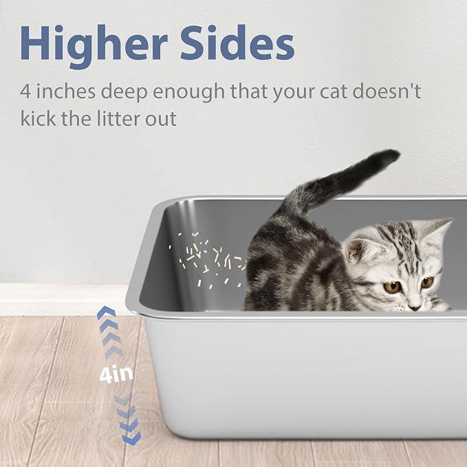 WENBOKMIN Stainless Steel Cat Litter Box - Litter Box for Cats - Easy to Clean, Never Absorbs Odor, Stains, or Rusts - Silver (17.7" L x 13.5" W x 4" H)