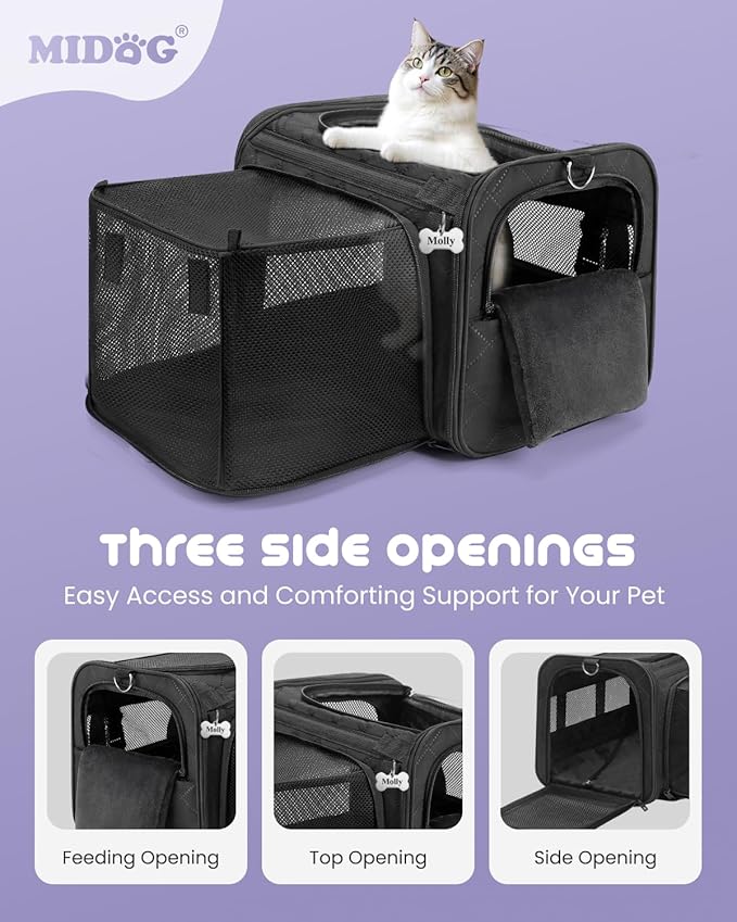 MIDOG Cat Carrier Soft for Small-Medium Cats Up to 15lbs, Airline Approved | Expandable Square Design,Comfort & Breathable Window,Equipped with anti-slip lock zippers and an internal safety leash
