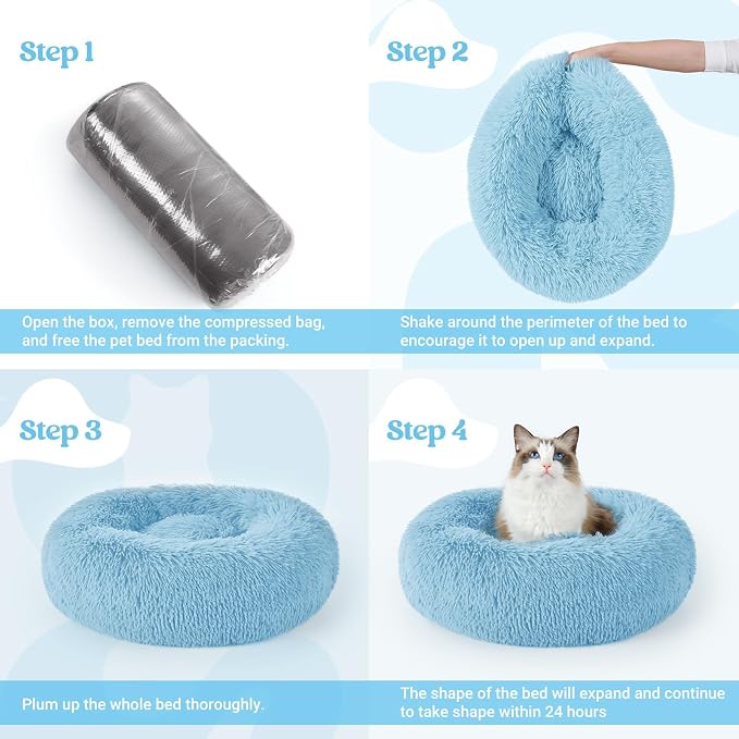 rabbitgoo Calming Cat Beds for Indoor Cats, 20 inches, Light Blue | Soft Warm Donut, Fluffy Faux Fur, Supportive Raised Rim, Anti-slip, Machine Washable, Up to 15lbs Kittens & Small Cats