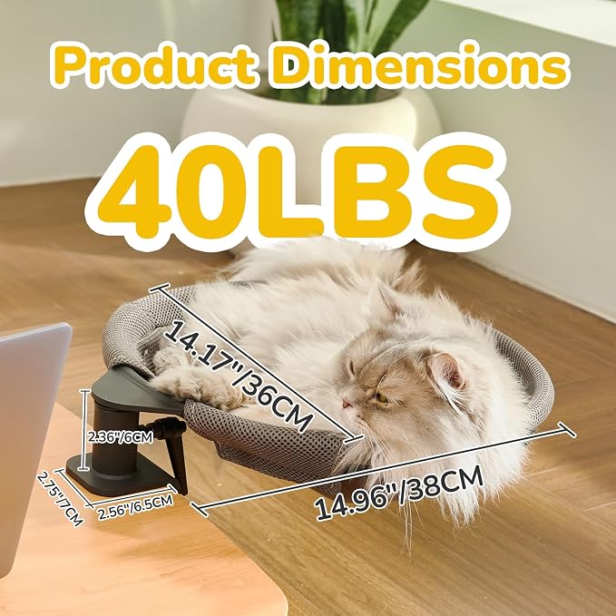 360 Rotating Cat Desk Bed, No-Drill Desk Cat Bed, 40 lb, Fits 2 in Desks | 2 Washable Mesh Pads, Strong Steel Frame for Stability, No-Drill Desk Attachment
