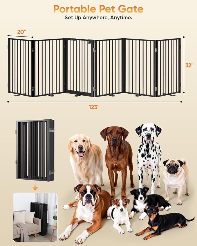 Full Metal Free Standing Dog Gate with Door for Indoor & Outdoor,120'' Extra Wide 32'' Tall Dog Gate for The Doorways,Large Openings,Decks,Porch,Pet Freestanding Safety Fence(6 Panels,Black)