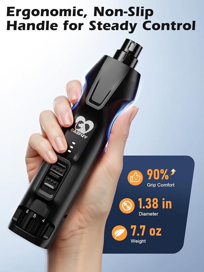 Casfuy 6-Speed Dog Nail Grinder – 50%+ Boost Power Dog Nail Trimmers Quiet with Dust Cap & 2 LED Lights & 2000mAh Battery & 4.8V Motor Electric Pet Toenail File Tool for Large Medium Small Dogs Cats