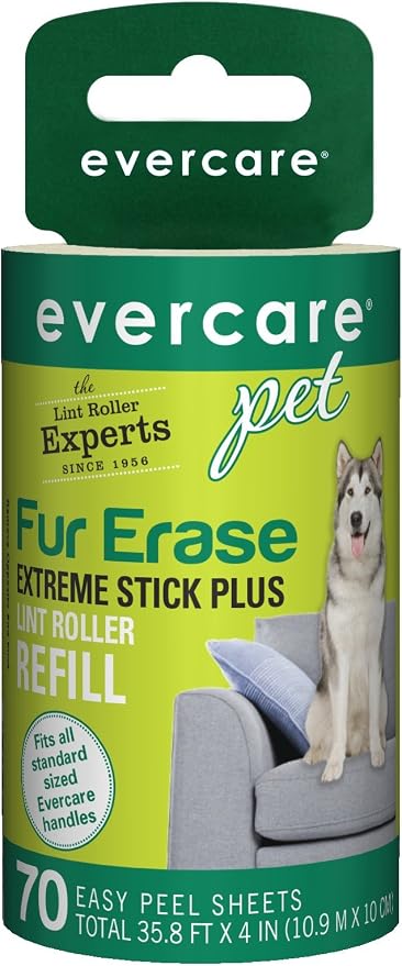 Evercare All Purpose Pet Hair Lint Roller Refill, 70 Easy Peel Sheets – Compatible with Evercare Standard Sized Rollers, Reusable Sticky Roller for Pet Hair, Furniture, Clothing & Cars