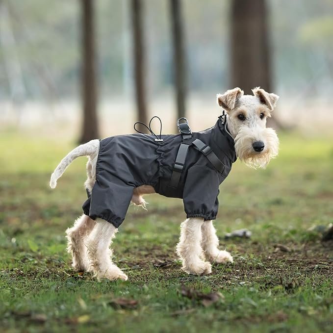 Mile High Life Waterproof Dog Raincoat, Full Coverage Small Dog Rain Coat with Harness, Adjustable 4 Legs Puppy Rain Jacket with Reflective Strip and Elastic Cuffs (Gray, XXS Back Length 9.8")