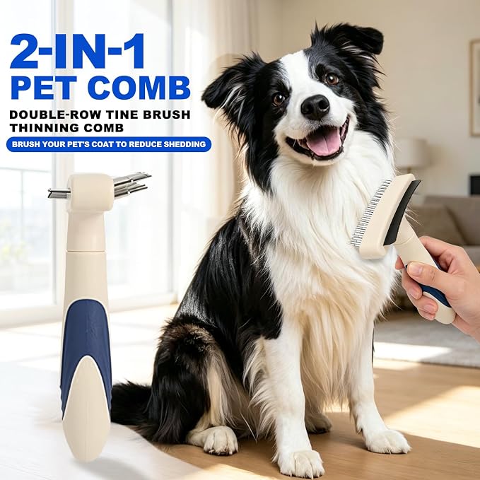 2-in-1 Pet Deshedding&Undercoat Rake Comb for Dogs and Cats | Double-Row Movable Metal Comb Teeth,Stainless Steel Deshedding Dog Brush,Pet Grooming Dematting Tool,Gentle Remove Loose Hair