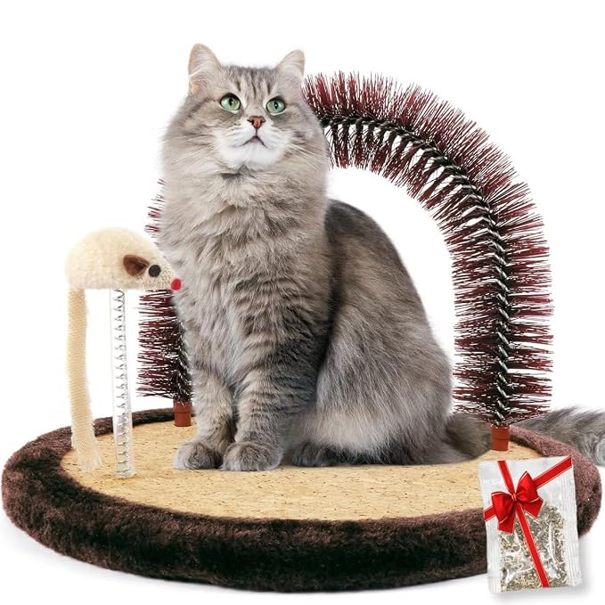 Cat Self Groomer, Heavy Scratching Pad with Mouse Toy | Easy To Clean, Enhanced Brush Holder, For All Cats, Durable Brush, Cat Face Scratchers, Cat Body Massager, Brown