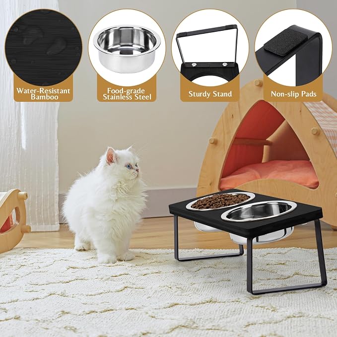 Elevated Cat Food Bowl for Indoor Cat, Black Raised Water Bowl Set for Pet | Whisker Friendly, Anti Vomit, Feeding Station for Puppy, Stainless Steel, Pet Dish, Easy Assembly, Bamboo, Dishwashers Safe
