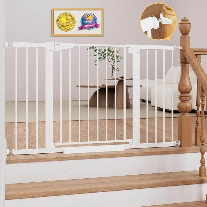 Cumbor 29.7-51.5 in Extra Wide Baby Gate for Stairs, Dog Gate Indoor White | Mom's Choice Awards Winner, Auto Close with Double Lock, One-Hand Open Child Gate for Toddlers & Pets, Pressure Mounted