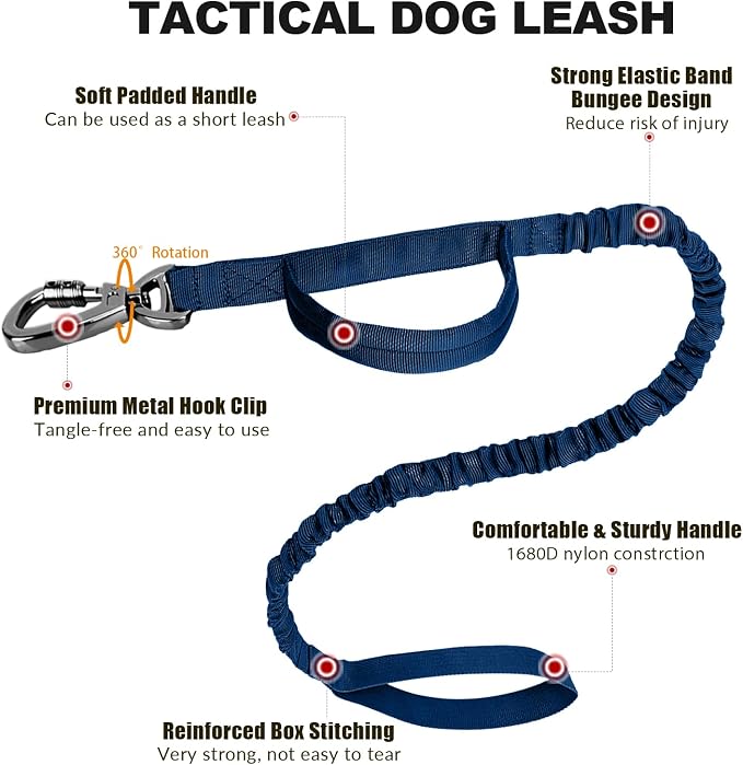 Tactical Bungee Leash & Military Dog Collar Set, USA Flag, Heavy Duty Metal Buckle, Airtag Case (Blue, L)