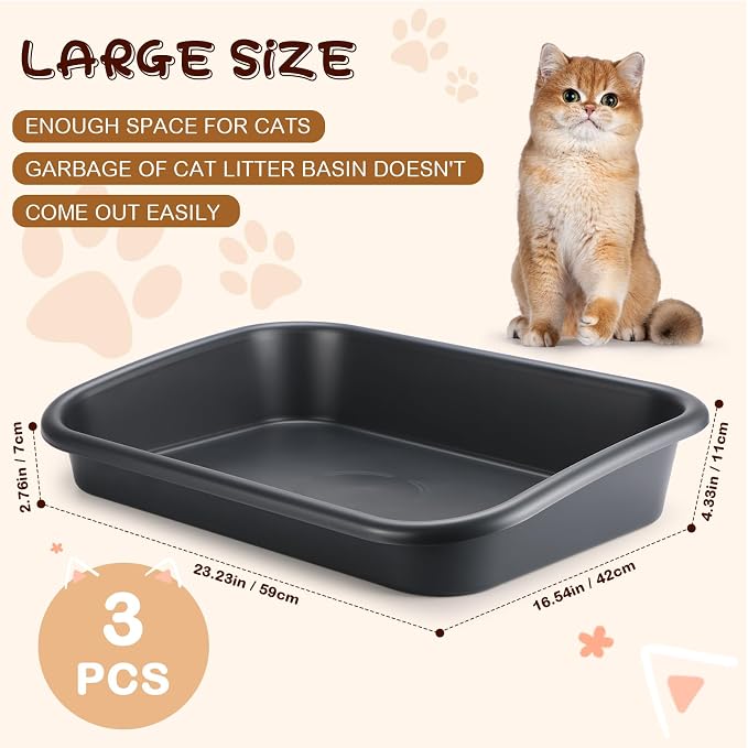 Uiifan 3 Pcs Extra Large Low Entry Cat Litter Box for Senior Kitty Pet Open Top Litter Box for Senior Kitten Handicap Disabled Older Elderly Cats, Easy to Clean(Dark Gray,23.2 x 16.5 x 4.3 Inches)