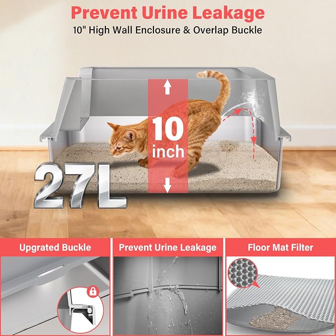 2PACK Stainless Steel Cat Litter Box, Extra Large Litter Boxes for Big Cats | High Sided, Anti-Urine Leakage, Odor Free, Non-Sticky, Easy Cleaning, Include Mat & Scoop