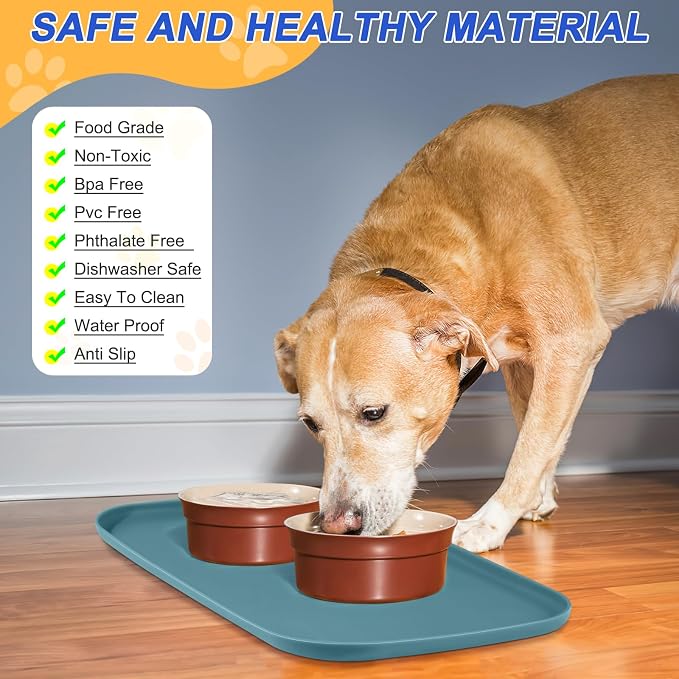 SMILOOL Silicone Pet Food Mat with Raised Edge for Food and Water Bowl, Dog Feeding Mats, Cat Food Trays for Floor Waterproof, Rubber Tray for Dogs and Cats, 19 x 12 x 0.7 Slate Blue