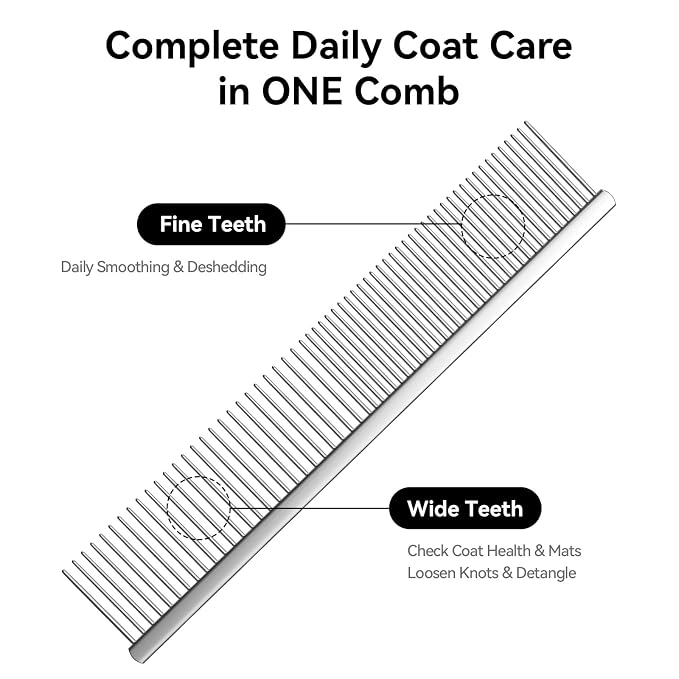 Stainless Steel Dog & Cat Comb with Coarse/Fine Teeth, Professional Pet Grooming Tool, Dematting Undercoat Comb for Long Hair, Double Coats Dogs Cats Removing Tangles and Knots, Silver