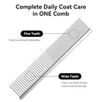 Stainless Steel Dog & Cat Comb with Coarse/Fine Teeth, Professional Pet Grooming Tool, Dematting Undercoat Comb for Long Hair, Double Coats Dogs Cats Removing Tangles and Knots, Silver