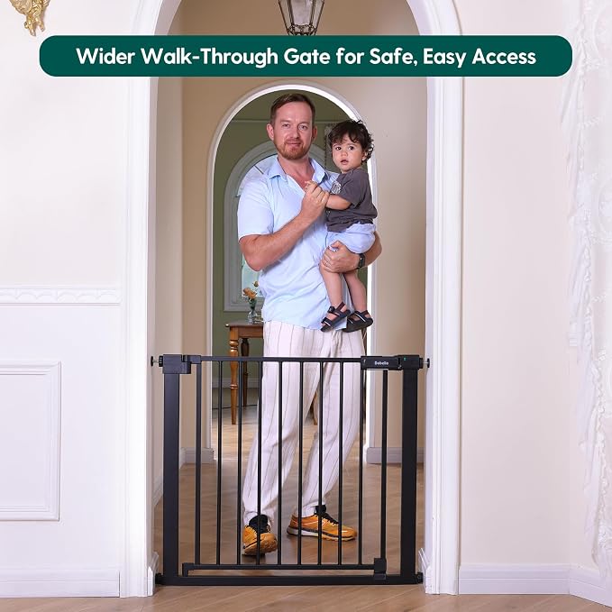 Babelio Baby Gate for Stairs No Drilling, 31-46" Wide Dog Gate with Door | Pressure/Wall Mount; Triple-lock System; Auto-close; 200N Impact Tested; Easy Install for Doorways, Kitchen, Hallway, Black
