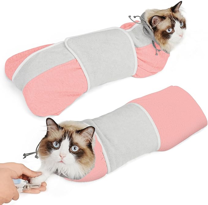 Supet Cat Grooming Wrap for Cutting Nails, Self-Adhesive Calm Cat Swaddle | Bite-Proof Mesh Hood & Thick Waist Strap Anti-Escape Anti-Scratch Bag for Nail Trimming, Medication, Ear Cleaning (Pink M)