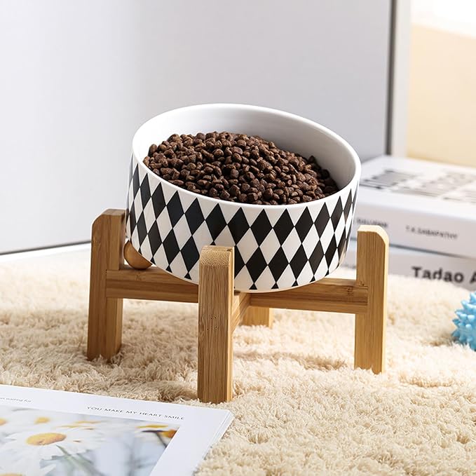 Petygooing Elevated/Raised 15°Slanted Ceramic Dog Bowl for Small and Medium Breeds, Tilted Anti Slip Pet Bowl,Food Water Dish with Stand for Cats and Dogs (28 OZ/3.6 Cups) Black Rhombus