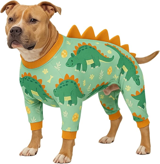 LovinPet Large Dog Pajamas, Four-Leg Stretch Onesie Bodysuit, Lightweight UV-Shielding Pajamas, Anti-Lick Calming Recovery Suit for Surgery, Pull-On for Medium and Large Breeds,Green Orange,XXL