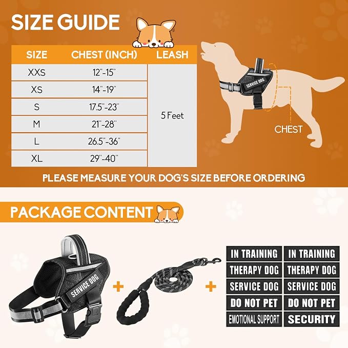 Service Dog Vest Harness and Leash Set, Animire in Training Dog Harness with 10 Dog Patches, Reflective Dog Leash with Soft Padded Handle for Small, Medium, Large, and Extra-Large Dogs (Black,XL)