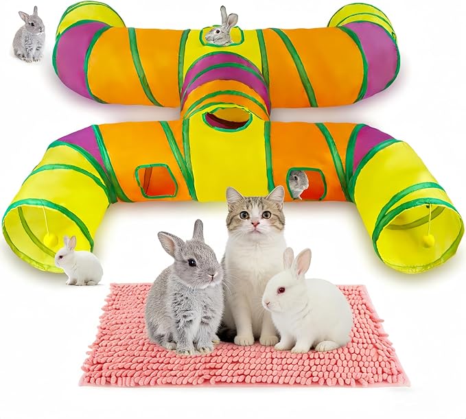 H-4-Way Collapsible Cat Bunny Tunnel, with Cushion, Indoor Entertainment, Washable Tear-Resistant Pet Hideout Tube with Interactive Playing Balls, for Kittens, Rabbits, Puppies