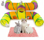 H-4-Way Collapsible Cat Bunny Tunnel, with Cushion, Indoor Entertainment, Washable Tear-Resistant Pet Hideout Tube with Interactive Playing Balls, for Kittens, Rabbits, Puppies