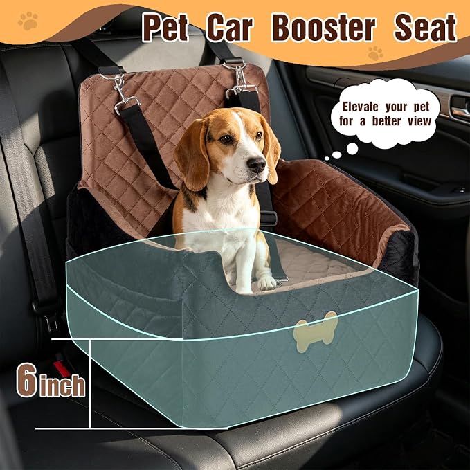 Dog Car Seat for Small Dogs, Dog Booster Seat Filling in Thick Memory Foam with 2 Safety Leashes and Storage Pocket, Suitable for Pet Under 30lb or 2 Puppies (Brown/Black)
