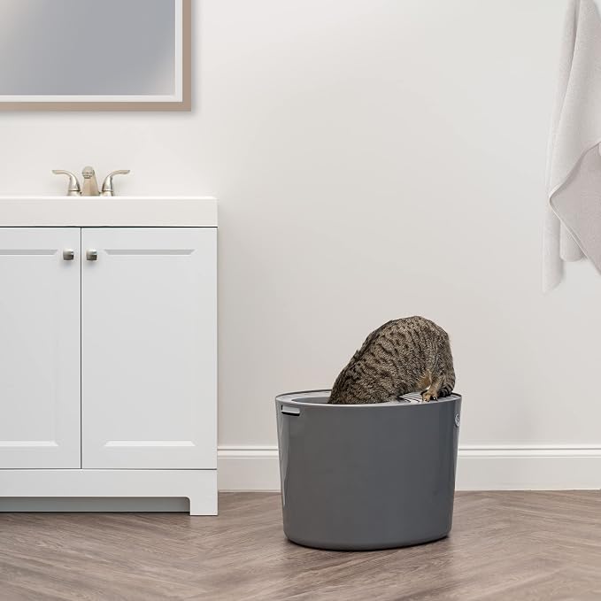 IRIS USA Large Top Entry Cat Litter Box, Hooded Privacy, Dark Gray/White | Dog-Free Zone, Enclosed Top Access, Dog Proof Pan, Mess Containment System, Odor Trapping, Reduced Tracking