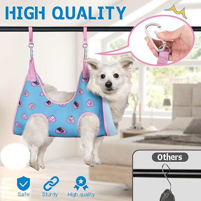 Supet Dog Grooming Hammock for Nail Trimming, Pet Grooming Hanging Harness | Restraint Dog Leashes Sling, Stress-Free Animal Holder Set for Clipping Nails, Ear & Eye Cleaning, Medicine(Blue-Love, M)