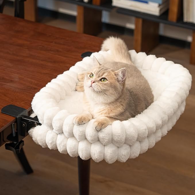 CHEERPALS Cloud Cat Bed Desk Mounted Hammock for Indoor Cats Perch Foldable | Reversible Mesh Warm Plush Mat, 90° Space Saving, Machine Washable Support Pet Bed for Kitty and Puppy(White, Medium)