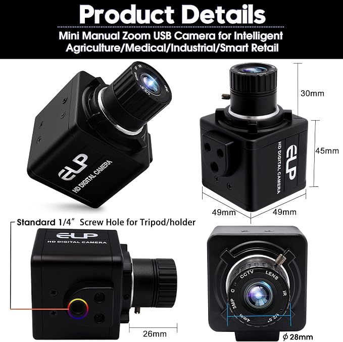 ELP USB Camera Manual Zoom 4mm Lens Prototype Camera 2Megapixel 1080p Webcam Cmos OV2710 Webcamera High fps 100fps Web Cam Security Surveillance Dog Pet Baby Video Monitoring USB Cameras for Most OS