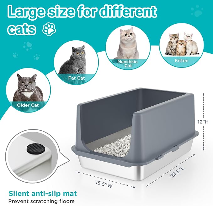 Stainless Steel Cat Litter Box with Lid,Metal Cat Litter Box,23.5x15.5x12in | Cat Litter Pan for Large Cats, Non-Sticky Large Kitty Litter Box Easy to Clean, Anti-Leakage,xxl