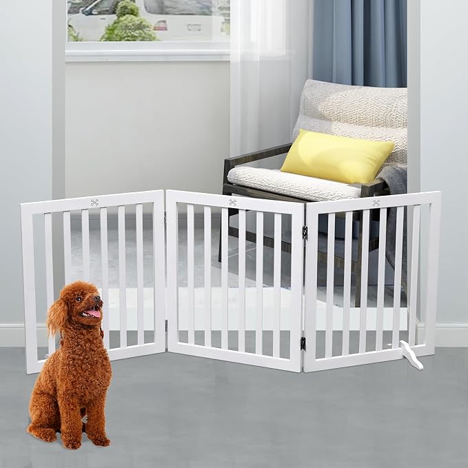 Dog Gate Wooden Freestanding Pet Gate 3 Panel 23.6" Heigh | White Indoor Dog Fences,House Gate for Doorways, Stairs, Hallways
