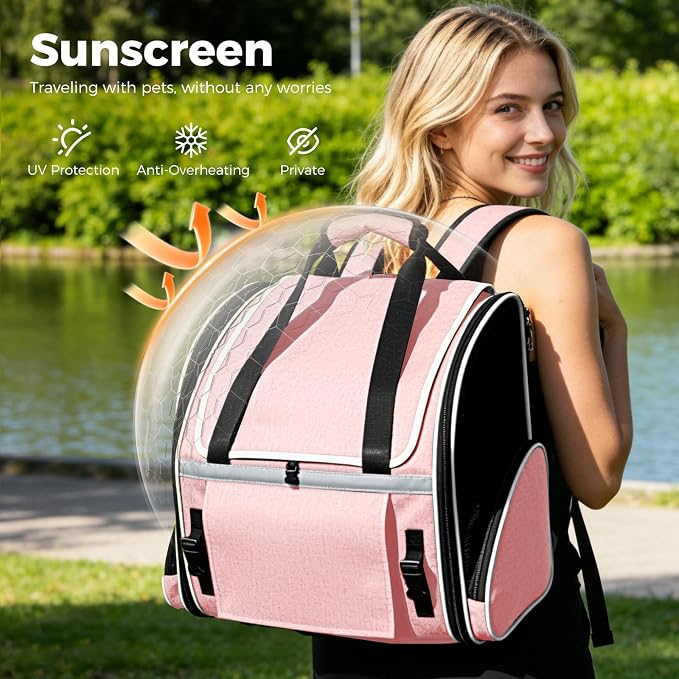 Lekereise Expandable Cat Backpack Carrier for Cats and Small Dogs up to 18 lbs, Widened Interior with 30% More Bottom Space, Rear Expansion up to 80% More Space, Breathable Mesh, Sun Shade, Pink