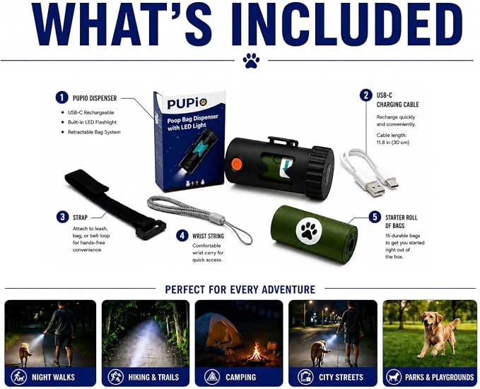 Smart Hands-Free Poop Bag Holder With Rechargeable LED Light No Batteries to Replace The Ultimate Pet Gift Unique Retracting Function Small Durable Lightweight Comes With 15 bags and Charging Cable