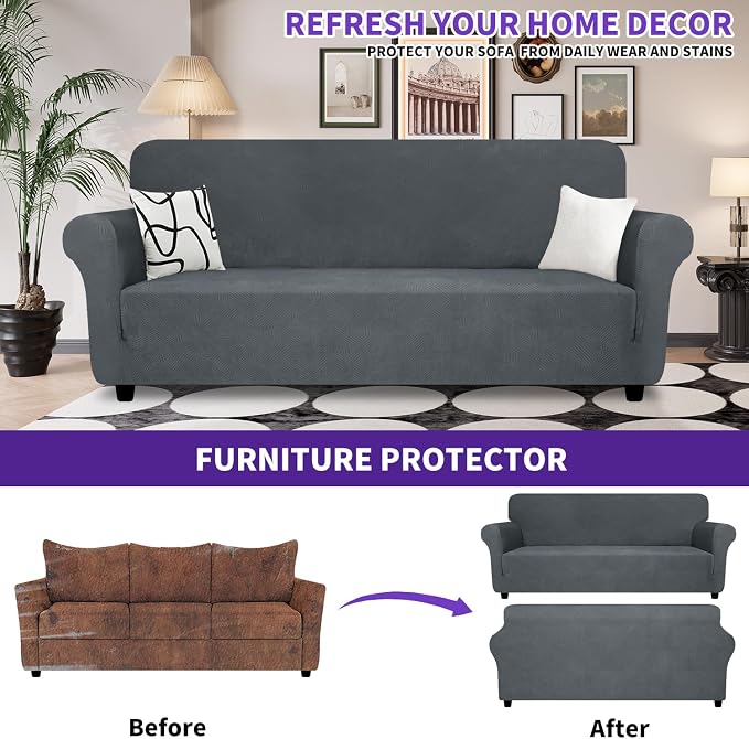ZNSAYOTX Super Stretch Couch Cover (72"-92"), New Striped Sofa Covers Fitted Slipcovers with Elastic Bottom, Dog Cat Pets Proof Spandex Fabric Comfortable & Durable (Dark Grey, Sofa)