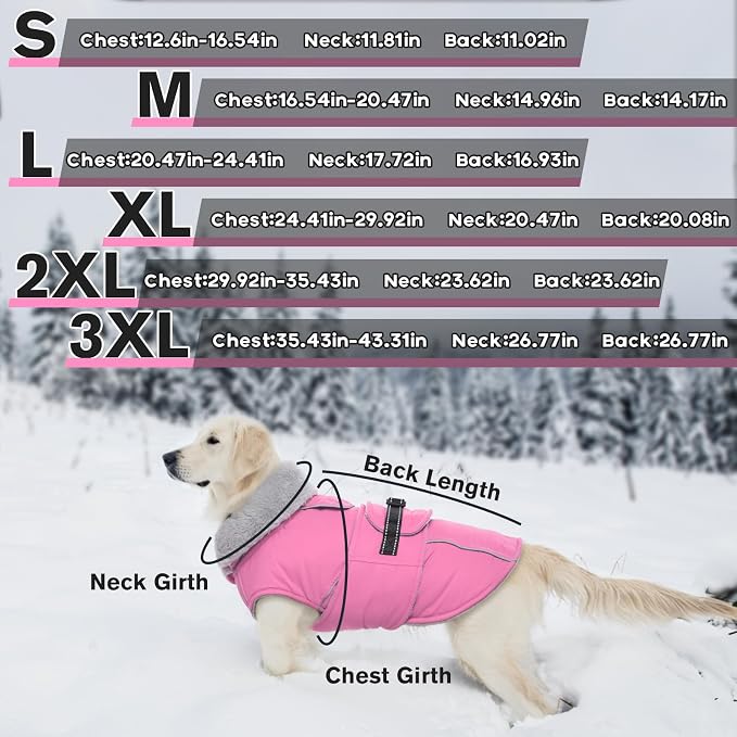 Lelepet Dog Coats for Large Dogs Waterproof Dog Jacket with Adjustable Fit | Reflective Pet Fleece Vest Hook & Loop Windproof Cold Weather Coats with Adjustable Buckle & Leash Hole, Pink, XL