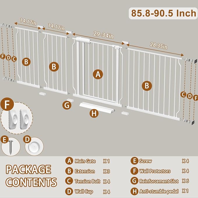 Baby Gate for Doorways Stairs Hallway 85.8-90.5 Inch Wide, Walk Through Child Gates with Pressure Mounted Extention Kit, Indoor Safety Child Gates for Kids or Pets | Long Large Walk Through Child Gates with Pressure Mounted Extention Kit, Indoor Safety...