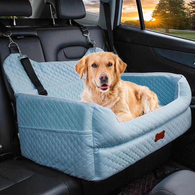 Dog Car Seat for Large/Medium Dogs - Memory Foam Dog Booster Seat for Under 55Lbs or 2 Small Dogs-Detachable and Washable Travel Bed with Thick Cushion and Storage Pockets-Blue