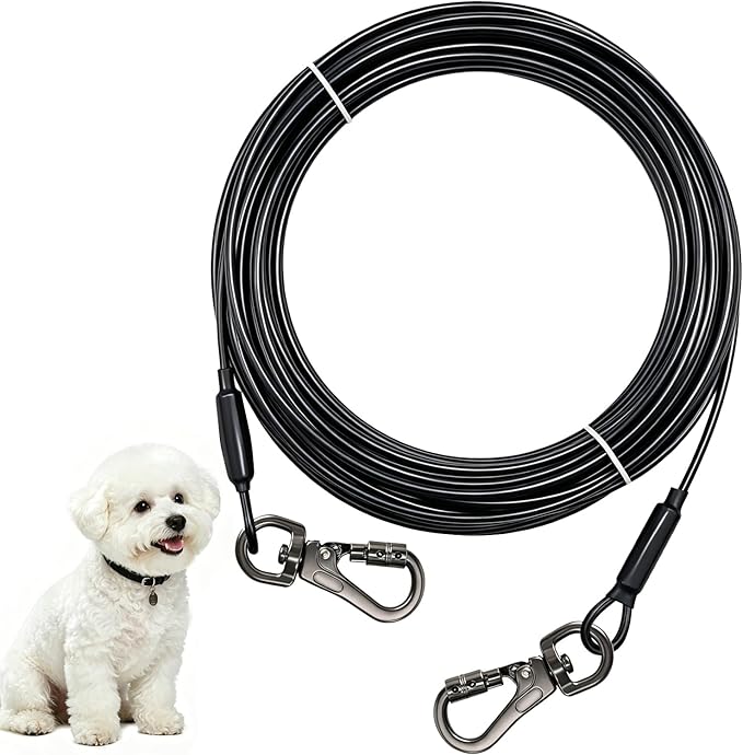 Dog Tie Out Cable - Chew Proof Steel Wire Lead - 360° Tangle Free Outdoor Leash for Pups - Dog Runner Cable for Small to Medium Dogs (Black, 45lbs/30ft)