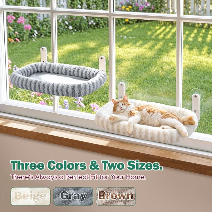 Zakkart Mellow Foldable Cat Window Perch, Upgraded Suction Cups (Beige, L) | Curtain-Friendly, Dual-Fabric Striped Machine Washable Bed, Heavy Duty ABS & Metal Frame, Hold up to 40 lbs., 24.8"W x 15.5"D
