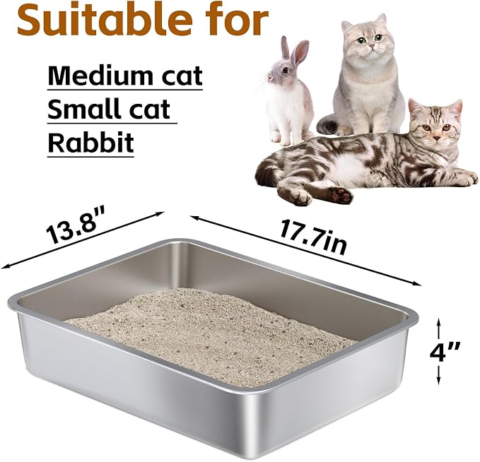 Stainless Steel Litter Box Kitten,Metal Cat Litter Box Low Entry,4" H | Cat Litter Pan Easy Clean-No Smell,indoor,Pet Toilet Supplies for Small Cats,Rabbit, Puppy,Kitty